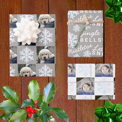 Snowflake White Opal Christmas 2 Photo Typography Wrapping Paper Sheets