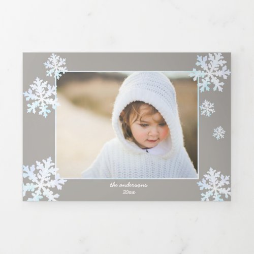 Snowflake White Opal Elegant Christmas 5 Photo Tri_Fold Holiday Card