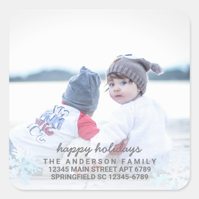 Snowflake White Opal Fun Photo Holiday Address Square Sticker (Front)