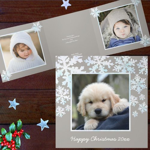 Snowflake White Opal Happy Christmas 4 Photo Tri_Fold Holiday Card