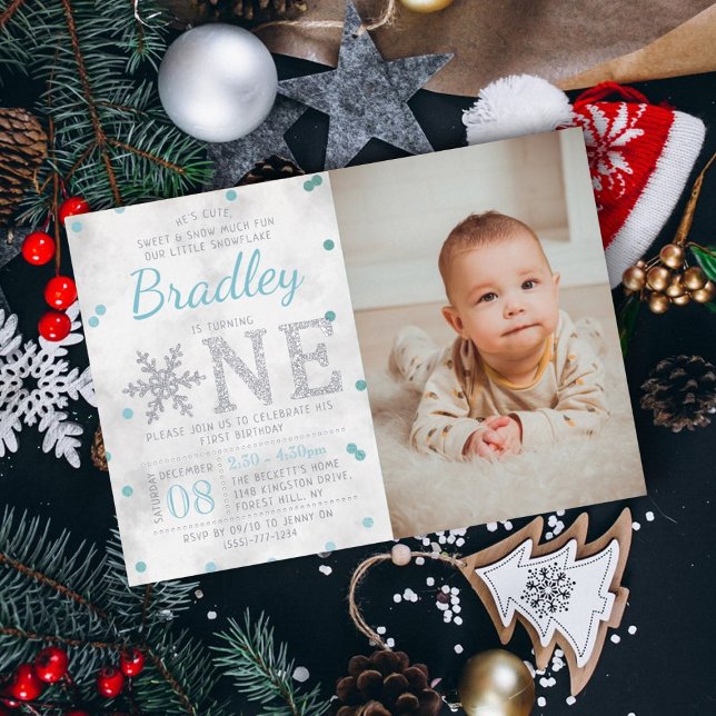 Snowflake Winter 1st Birthday Photo Real Foil Invitation (Creator Uploaded)