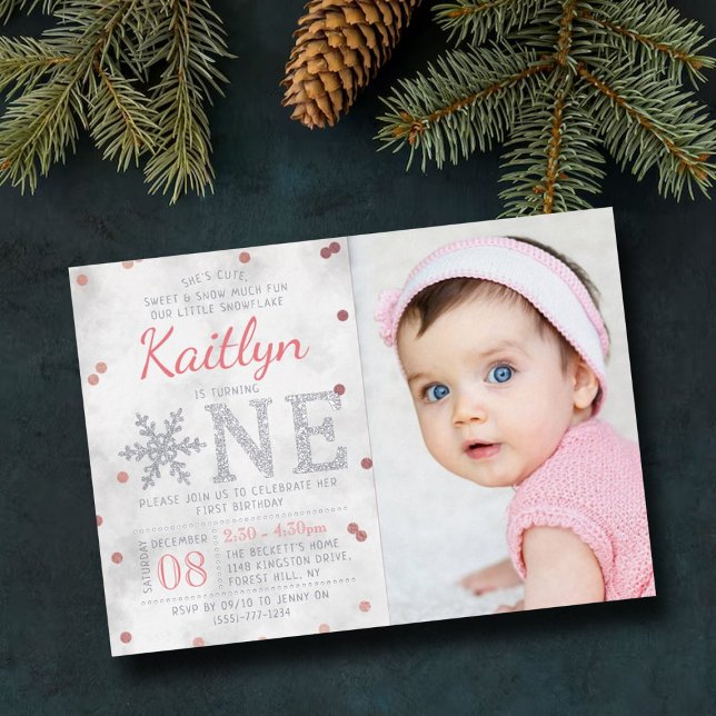 Snowflake Winter 1st Birthday Photo Real Foil Invitation (Creator Uploaded)
