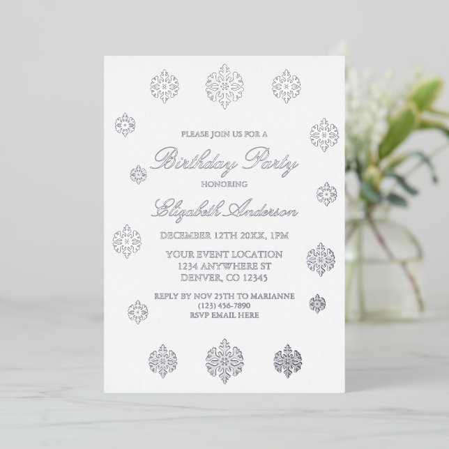Snowflake Winter Birthday Foil Invitation (Standing Front)