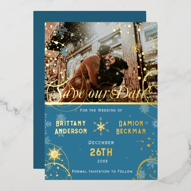 Snowflake Winter Blue Wedding Photo Save the Date Foil Invitation (Front/Back)