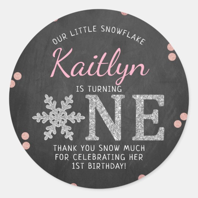 Snowflake Winter Chalkboard 1st Birthday Classic Round Sticker (Front)