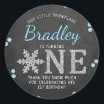 Snowflake Winter Chalkboard 1st Birthday Classic Round Sticker<br><div class="desc">Celebrate in style with these trendy 1st birthday party thank you stickers. The design is easy to personalize with your own wording and your family and friends will be thrilled when they see these fabulous stickers.</div>