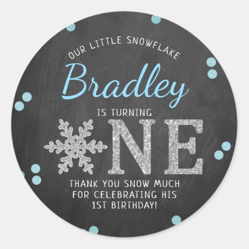Snowflake Winter Chalkboard 1st Birthday Classic Round Sticker