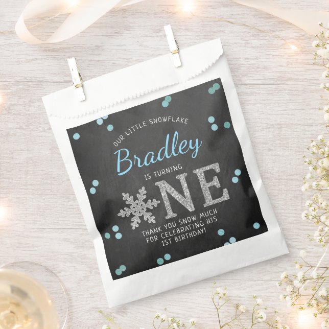 Snowflake Winter Chalkboard 1st Birthday Favor Bag (Clipped)