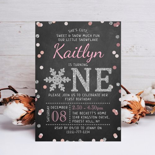 Snowflake Winter Chalkboard 1st Birthday Invitation