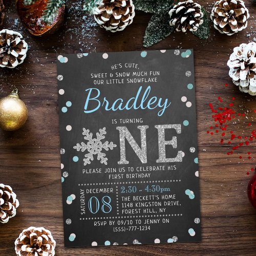 Snowflake Winter Chalkboard 1st Birthday Invitation