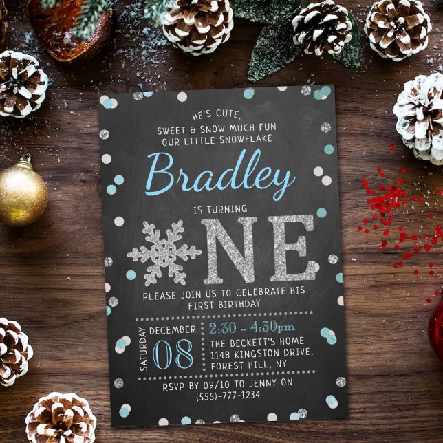 Snowflake Winter Chalkboard 1st Birthday Invitation (Creator Uploaded)
