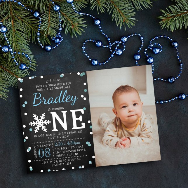 Snowflake Winter Chalkboard 1st Birthday Photo Foil Invitation (Creator Uploaded)