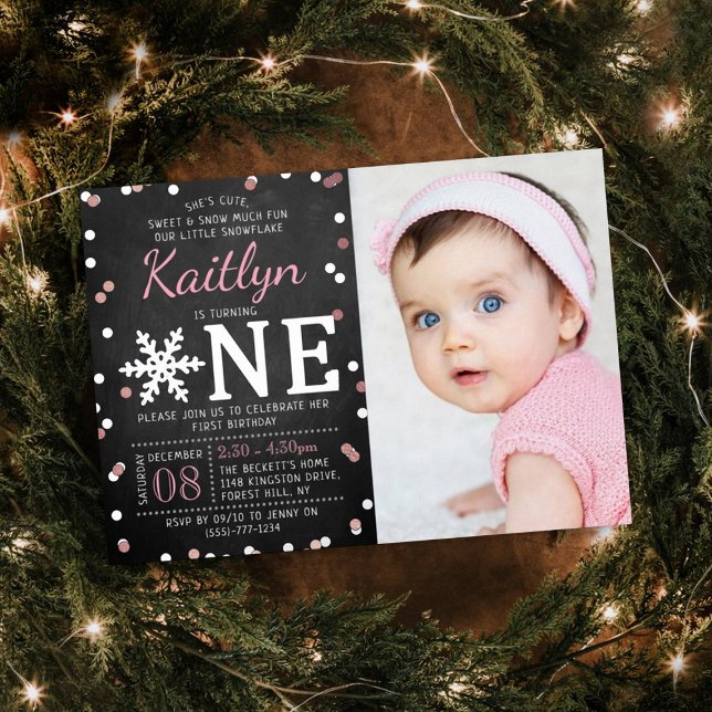 Snowflake Winter Chalkboard 1st Birthday Photo Foil Invitation (Creator Uploaded)
