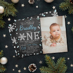 Snowflake Winter Chalkboard 1st Birthday Photo Invitation<br><div class="desc">Celebrate in style with these trendy 1st birthday invitations. This design is easy to personalize with your special event wording and your guests will be thrilled when they receive these fabulous invites.</div>