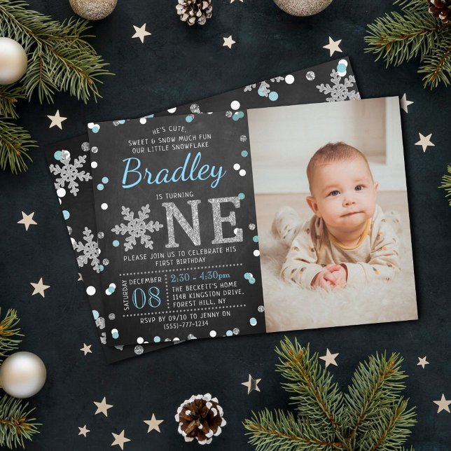 Snowflake Winter Chalkboard 1st Birthday Photo Invitation (Creator Uploaded)
