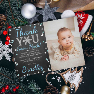 Snowflake Winter Chalkboard 1st Birthday Photo Thank You Card