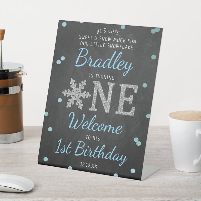 Snowflake Winter Chalkboard 1st Birthday Welcome Pedestal Sign (In SItu)