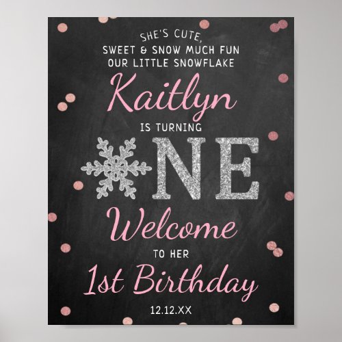 Snowflake Winter Chalkboard 1st Birthday Welcome Poster