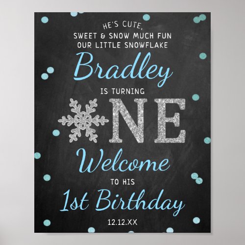 Snowflake Winter Chalkboard 1st Birthday Welcome Poster