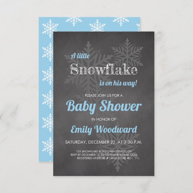 Snowflake Winter Chalkboard Blue Boys Baby Shower Invitation (Front/Back)