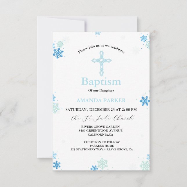  Snowflake Winter Cross Baptism Invitation (Front)