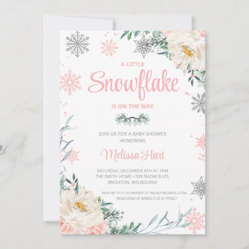 Snowflake Winter Floral Girls Baby Shower Invitation