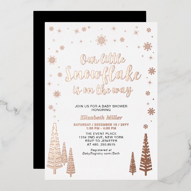 Snowflake Winter Forest Baby Shower Real Foil Invitation (Front/Back)