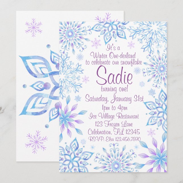 Snowflake Winter One-Derland First Birthday Invitation (Front/Back)