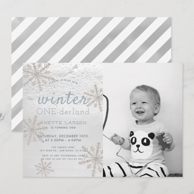 Snowflake Winter Onederland 1st Photo Birthday Invitation (Front/Back)