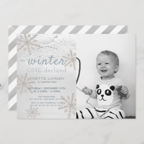 Snowflake Winter Onederland 1st Photo Birthday Invitation