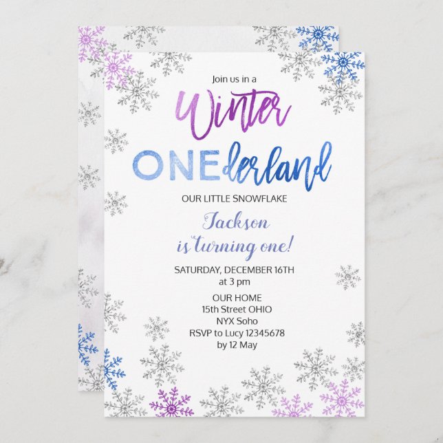 Snowflake Winter Onederland First Birthday Invite (Front/Back)