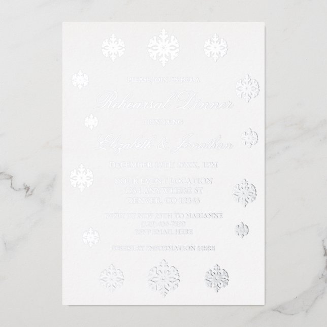 Snowflake Winter Rehearsal Dinner Foil Invitation (Front)