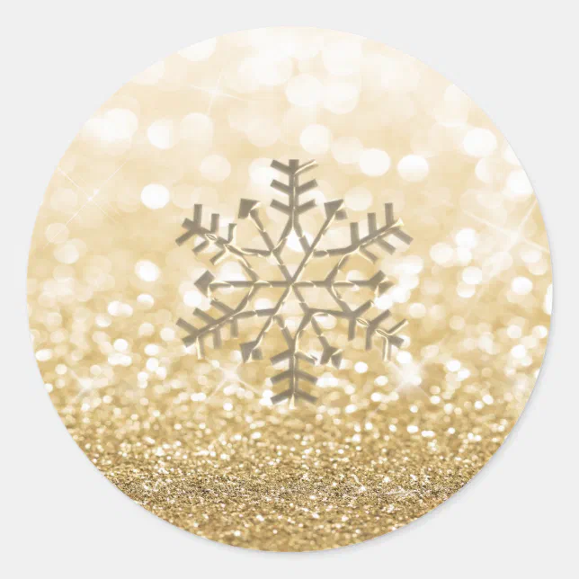 Snowflake winter Romantic Glittery sparkle gold Classic Round Sticker ...