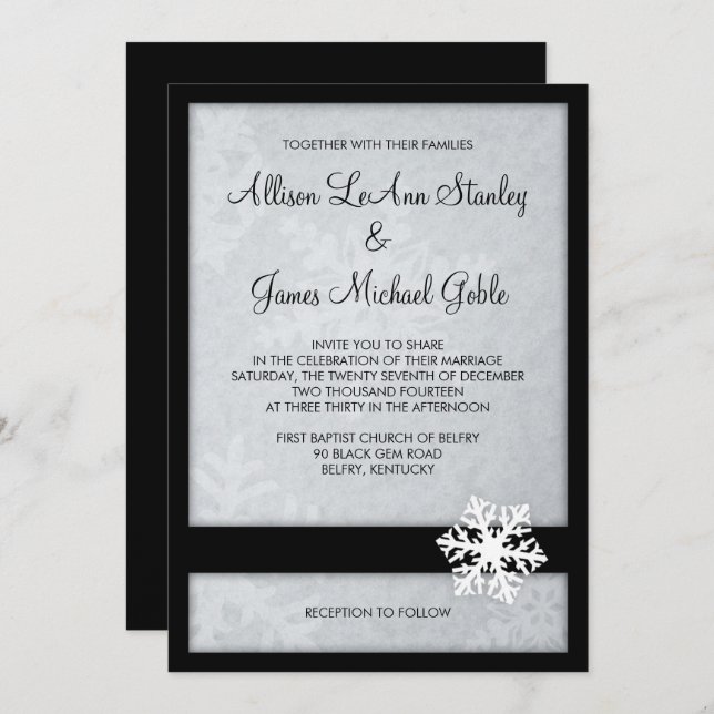 Snowflake Winter Wedding Invitation - Black, White (Front/Back)