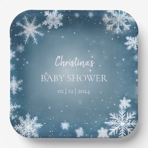 Snowflake Winter Wonderland Baby Shower Blue Paper Plates