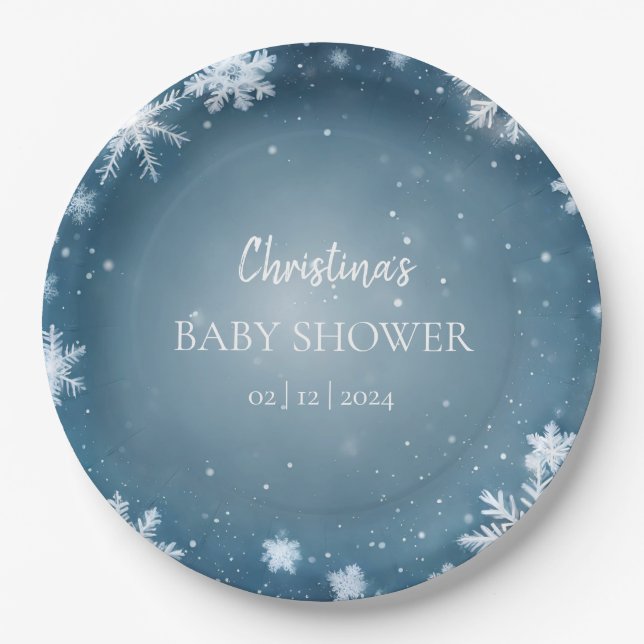 Snowflake Winter Wonderland Baby Shower Blue Paper Plates (Front)