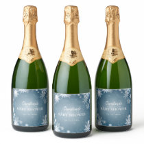 Snowflake Winter Wonderland Baby Shower Blue Sparkling Wine Label