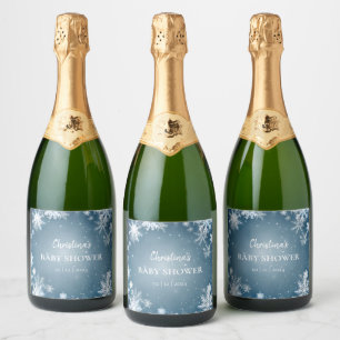Snowflake Winter Wonderland Baby Shower Blue Sparkling Wine Label