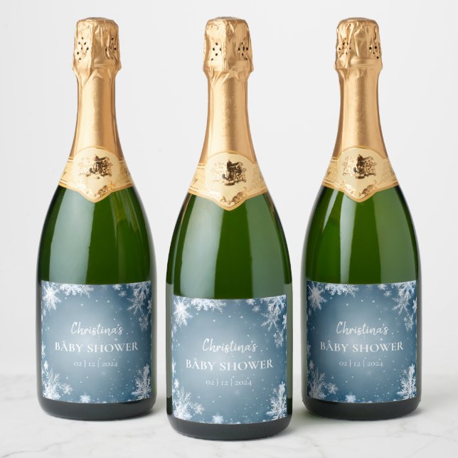 Snowflake Winter Wonderland Baby Shower Blue Sparkling Wine Label (Bottles)