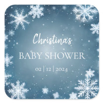 Snowflake Winter Wonderland Baby Shower Blue Square Sticker