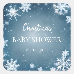 Snowflake Winter Wonderland Baby Shower Blue Square Sticker