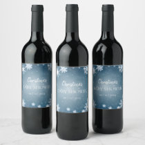 Snowflake Winter Wonderland Baby Shower Blue Wine Label