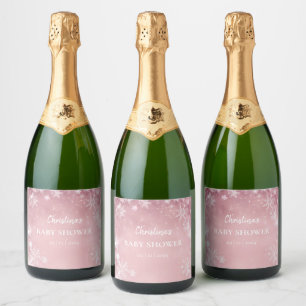 Snowflake Winter Wonderland Baby Shower Pink Sparkling Wine Label