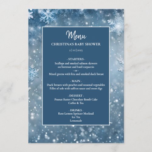 Snowflake Winter Wonderland Blue Baby Shower Menu