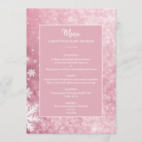 Snowflake Winter Wonderland Pink Baby Shower Menu