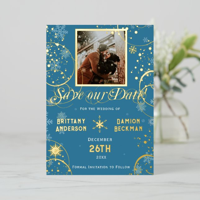 Snowflake Winter Wonderland Wedding Save the Date Foil Invitation (Standing Front)