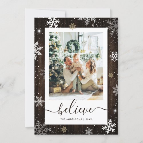 Snowflake Wood Photo Believe Christmas Cards