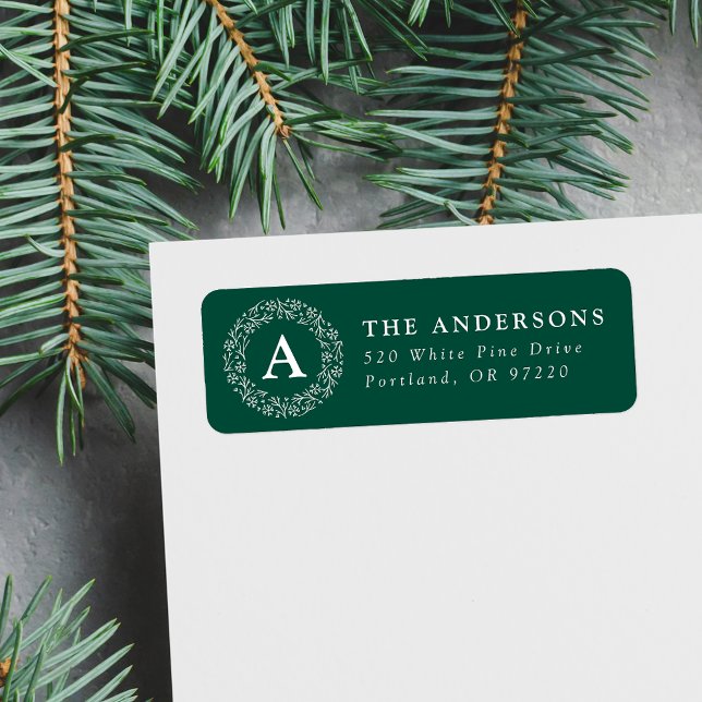 Snowflake Wreath Monogram Green Return Address Label (Creator Uploaded)