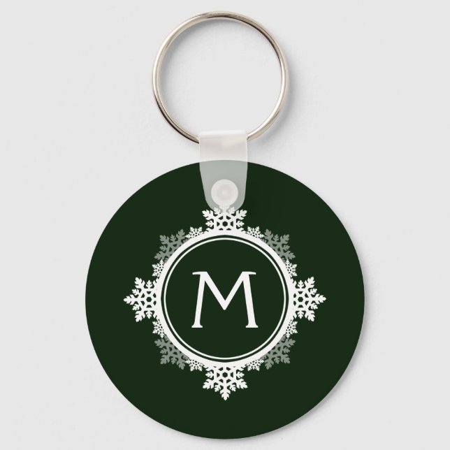 Snowflake Wreath Monogram in Dark Green & White Keychain (Front)