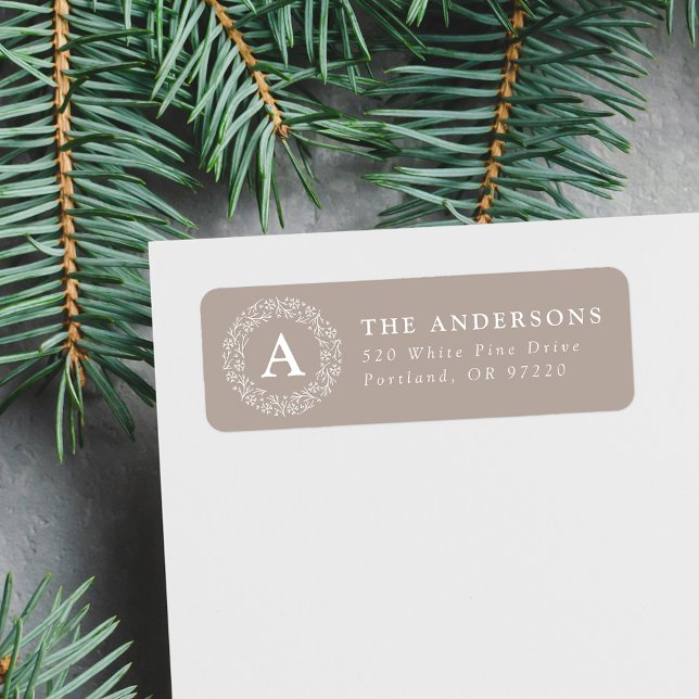 Snowflake Wreath Monogram Taupe Return Address Label (Creator Uploaded)
